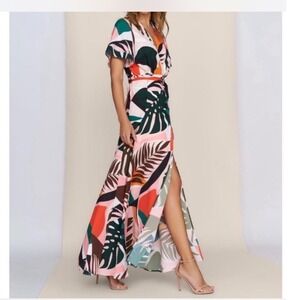 NWT Hutch Tropical Leaf Kiera Maxi Dress V-Neck Flutter Sleeve Green wrap XL NEW